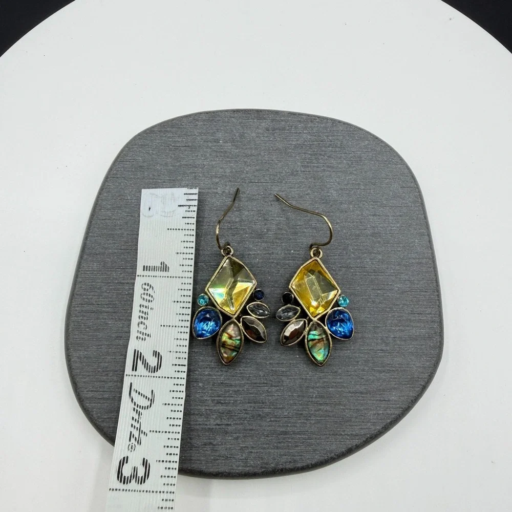 Multicolor Rhinestone Abalone Look Gold Tone Dangle Earrings Boho Statement